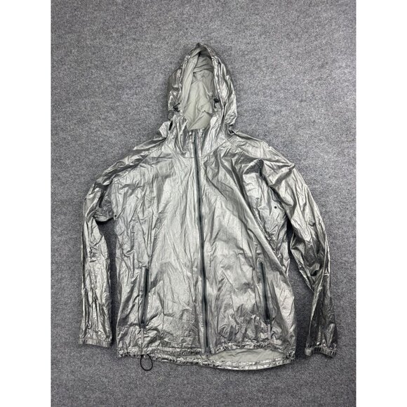 Theory Jacket Men's Medium Metallic Silver Zip Up Hooded Windbreaker Zip Pockets